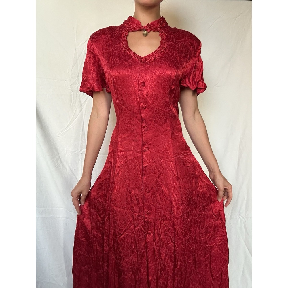 Vintage 90s Red Maxi Dress Keyhole Cutout Heart Pendant Whimsigoth Vampy Gothic